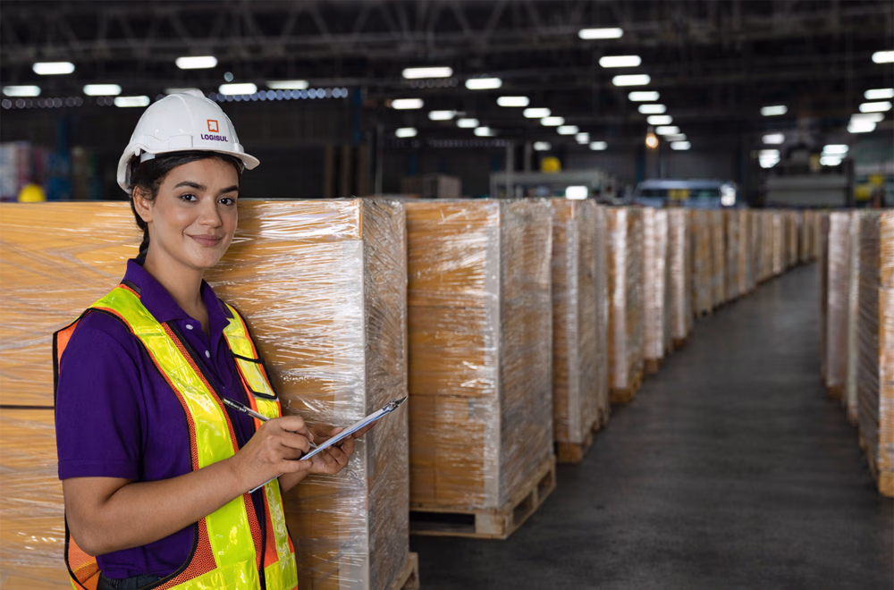 Mulher verificando pallets em armazém